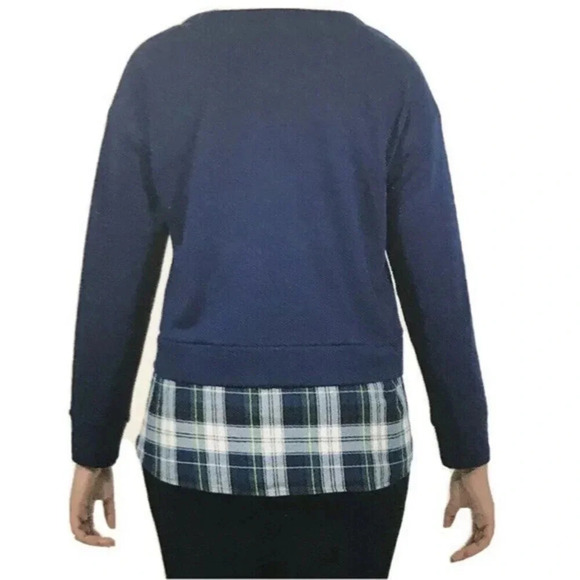 IZOD Size S Peacoat Tie Front 2-Fer Sweatshirt Navy Blue Plaid Trimmed Layered - Picture 3 of 6
